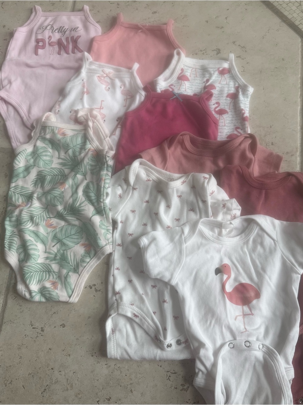 Baby Girls Pink Flamingo & Leaf Print One-Piece Bodysuits - 12 Pack